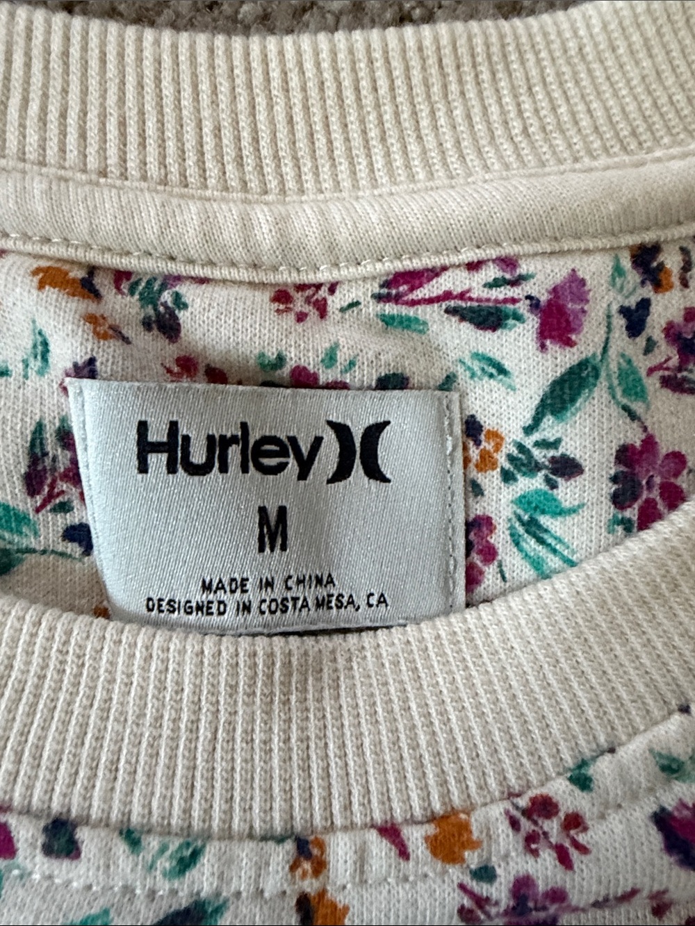 Hurley Cream Floral Crewneck Sweatshirt with Purple & Teal Accents - Picture 3 of 4